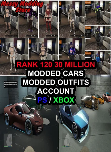 (PS4/Xbox One) (Pre-Made Account) Rank 120 30 Million (PURE CASH) + 5 Modded Outfits +10 Modded Cars + 40 PR4 — GTA 5 modded account